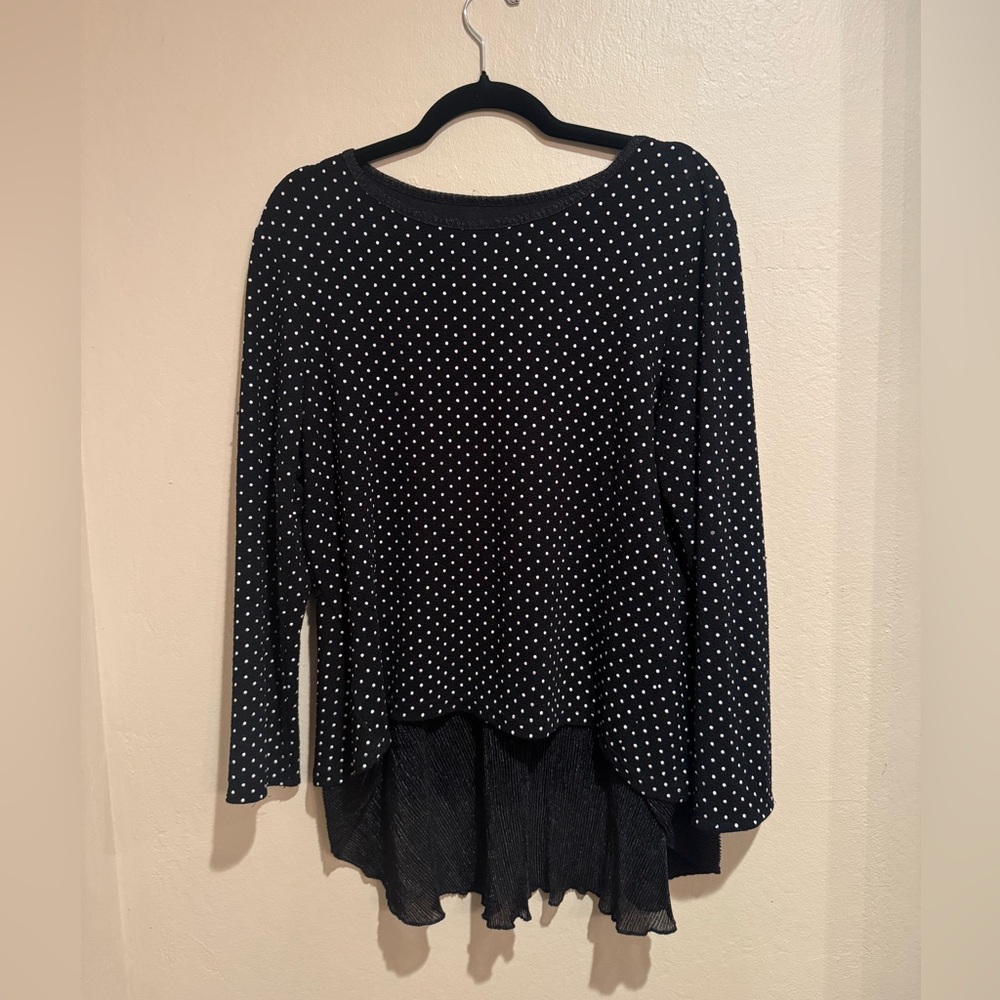 YDOC Black and White Polka Dot Blouse with sheer black back ruffle